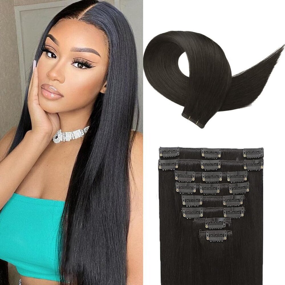 Clip in Hair Extensions Human Hair 16 Inch Natural Black Seamless Volumizing